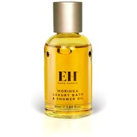 Clear glass bottle with gold cap, containing yellow Emma Hardie Moringa Luxury Bath & Shower Oil, 50ml.