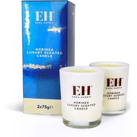 Emma Hardie Moringa Luxury Scented Candle set, two white candles in glass holders with blue packaging, 2 x 75g.