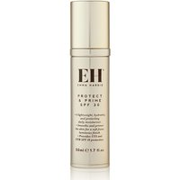 Gold Emma Hardie Protect & Prime SPF 30 bottle, 50ml, with pump dispenser and black text detailing benefits.