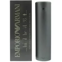 Matte black cylindrical bottle of Emporio Armani He Eau De Toilette 100ml with matching black box.