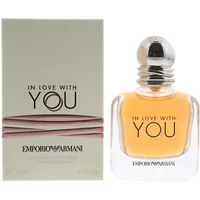 Emporio Armani In Love With You Eau De Parfum 50ml, clear bottle with silver cap, next to matching box.