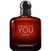 Emporio Armani Stronger With You Parfum 100ml, amber glass bottle with silver cap and bold white text.