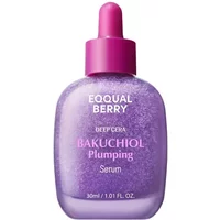 Eqqualberry Bakuchiol Plumping Serum, 30ml purple bottle with pink dropper and shimmering liquid inside.