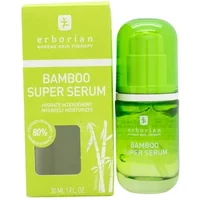Green Erborian Bamboo Super Serum bottle, 30ml, with matching box featuring bamboo illustrations and brand logo.