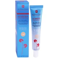 Erborian CC Water gel in a blue tube with red text and floral design, 40ml, beside matching box.