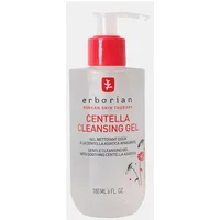 Clear pump bottle of Erborian Centella Cleansing Gel, red cap, white label with red text, 180ml.