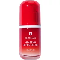 Red and white Erborian Ginseng Super Serum bottle, 30ml, with rounded cap and gradient design.