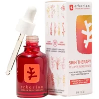 Red Erborian Skin Therapy Night Oil bottle with dropper, 30ml, next to a white box featuring botanical illustrations.