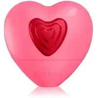 Pink heart-shaped Escada Candy Love Eau De Toilette bottle with red heart detail, 100ml.