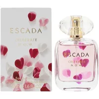 Escada Celebrate N.O.W. Eau De Parfum 50ml, clear bottle with pink heart design, gold cap, matching box.
