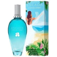 Turquoise Escada Chiffon Sorbet Eau De Toilette 100ml bottle with silver cap and tropical-themed box.