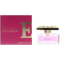 Especially Escada Eau De Parfum 50ml, clear glass bottle with gold cap, pink box with gold lettering.