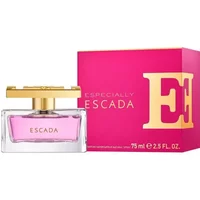Clear glass bottle with pink perfume, gold cap, next to a bright pink box labeled "Especially Escada" in gold text.