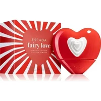 Red heart-shaped Escada Fairy Love Eau De Toilette bottle with white heart detail, next to matching striped box.