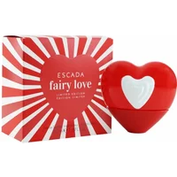 Red heart-shaped Escada Fairy Love Eau De Toilette bottle with white heart detail, next to matching striped box.