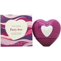 Heart-shaped purple bottle with white heart detail, next to a pink and purple wavy box labeled "Escada Party Love Eau De Parfum."