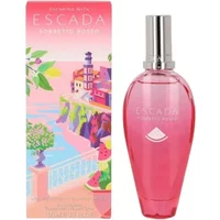 Escada Sorbetto Rosso Eau De Toilette 100ml, pink teardrop bottle with silver cap, colorful box with coastal design.