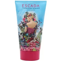 Turquoise Escada body lotion tube with floral design and woman illustration, pink cap, 150ml.