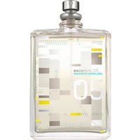 Clear rectangular bottle of Escentric 05 unisex perfume with geometric design and silver cap.