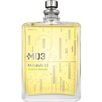 Clear rectangular bottle with silver cap, yellow liquid, and minimalist design labeled "Molecule 03" by Escentric Molecules.