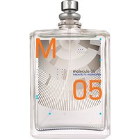 Clear rectangular perfume bottle with silver cap, orange "M 05" text, and geometric design on the front.
