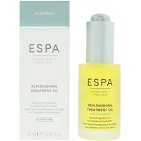 ESPA Replenishing Treatment Oil 30ml in a frosted glass bottle with a silver cap, next to its white and green box.