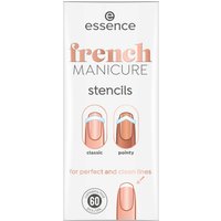 Essence French Manicure Stencils pack with 60 pieces, featuring classic and pointy tip designs on a white background.