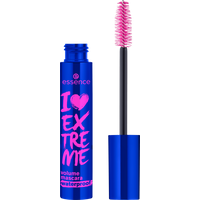 Essence I Love Extreme Volume Mascara Waterproof, blue tube with pink text, pink bristle brush wand.