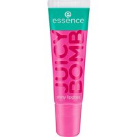 Pink Essence Juicy Bomb Shiny Lipgloss tube with teal cap, bold pink text, 10 ml size.