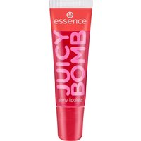 Red Essence Juicy Bomb Shiny Lipgloss tube, 10 ml, with bold pink text and white cap.