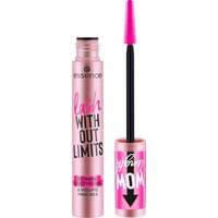 Pink Essence mascara tube with black text, open to show pink wand; labeled "Lash Without Limits" in bold letters.