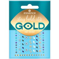 Essence Stay Bold, It's Gold Nail Sticker set with 88 gold, silver, and colorful designs on a blue background.