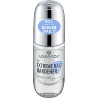 Clear bottle of Essence The Extreme Nail Hardener with silver cap and blue label, 8 ml size.