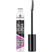 Essence The False Lash Mascara with curved black brush, white and pink tube labeled "Extreme Volume & Curl 10ml".