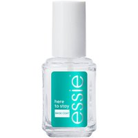 Clear Essie Here To Stay Base Coat, 13.5 ml bottle with white cap and teal label featuring white text.