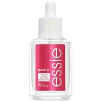 Clear bottle of essie Quick-E Drying Drops 13.5ml with white dropper cap and pink label.