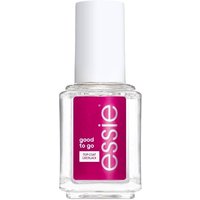 Clear glass bottle of Essie Top Coat 01 Good To Go, white cap, pink label with white text, 13.5 ml capacity.