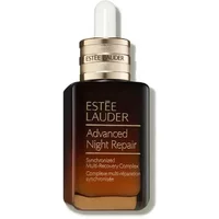 Dark amber Estée Lauder serum bottle with gold cap and white dropper, labeled "Advanced Night Repair" 100ml.