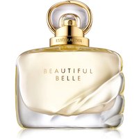 Clear glass bottle of Estée Lauder Beautiful Belle Eau de Parfum with gold cap and elegant curved design, 50ml.