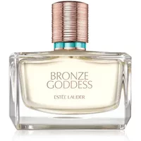 Clear glass bottle of Estée Lauder Bronze Goddess perfume with a rose gold cap and turquoise accent, 50ml.