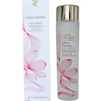 Estée Lauder Micro Essence Treatment Lotion, clear bottle with pink floral design, silver cap, 200ml.