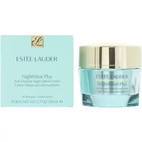 Light blue Estée Lauder Nightwear Plus creme jar with gold lid, next to matching box with gold logo.