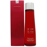 Red Estée Lauder lotion bottle with silver cap, next to matching red box, labeled "Nutritious Super Pomegranate."
