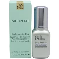 Silver Estée Lauder serum bottle with pump, next to a light green box with gold logo and product details.