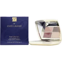 Estée Lauder eyeshadow palette with five shades in a sleek gold compact, next to a navy blue box.
