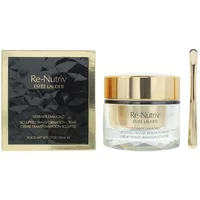 Gold-lidded jar of Estée Lauder Re-Nutriv cream with black and gold box and applicator.