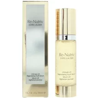 Gold Estée Lauder serum bottle with silver cap, labeled "Re-Nutriv Ultimate Lift," next to matching gold box.