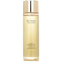Gold cylindrical Estée Lauder Re-Nutriv lotion bottle with silver cap, 200ml, featuring elegant branding text.