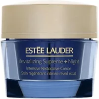 Estée Lauder night creme in a blue jar with a beige lid, labeled "Revitalising Supreme+ Intensive Restorative Night Creme 50ml".