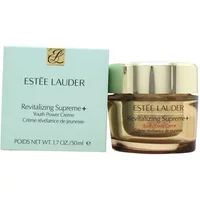 Estée Lauder Revitalising Supreme+ cream in gold jar with light green lid, next to matching branded box.